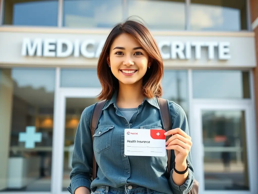 A person smiling and holding a health insurance card, standing in front of a modern doctor's office. The scene conveys trust and accessibility.