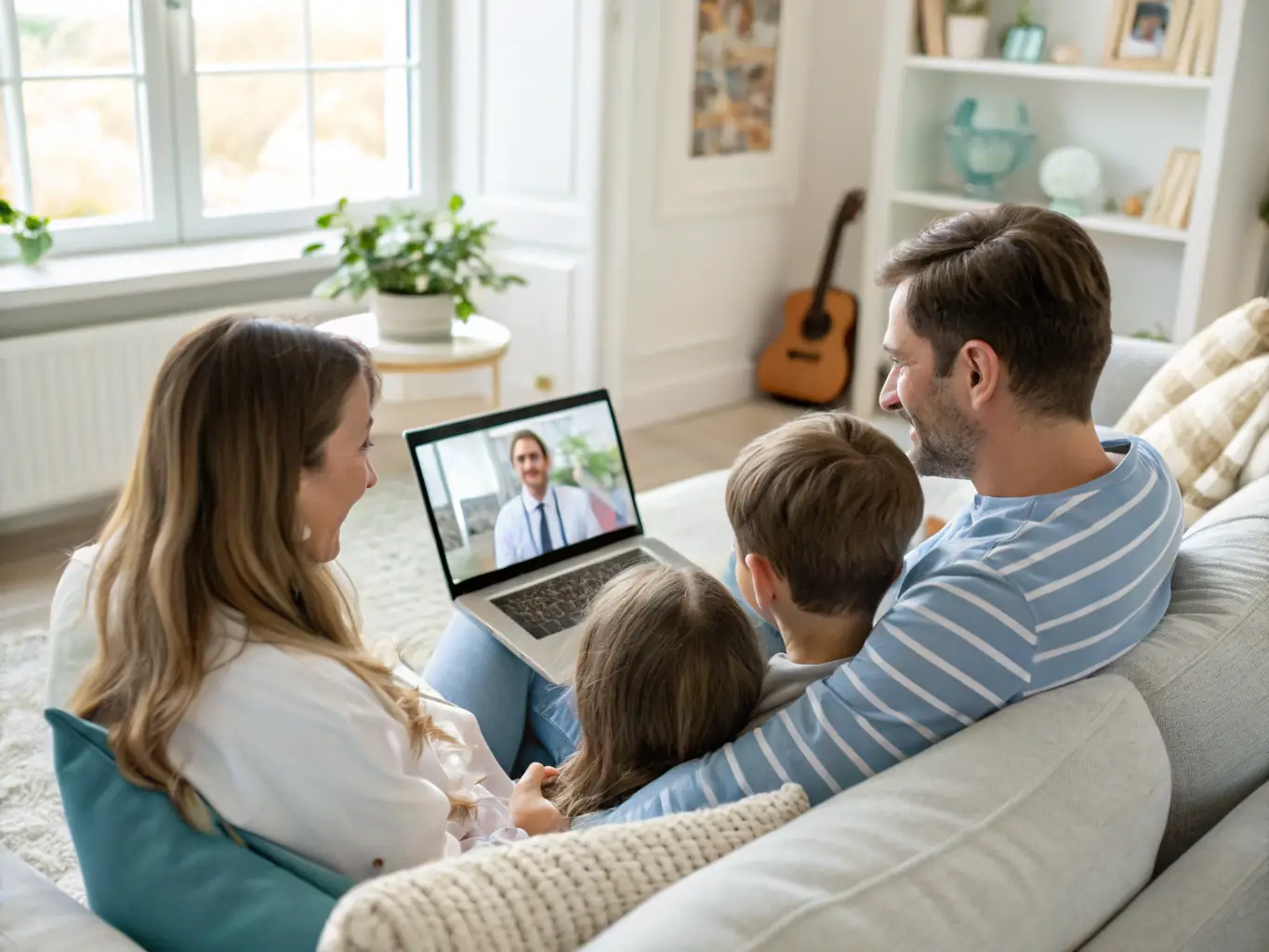 A family happily using telemedicine on a tablet, showcasing the convenience of $0 telemedicine visits offered by Caring Health Solutions.