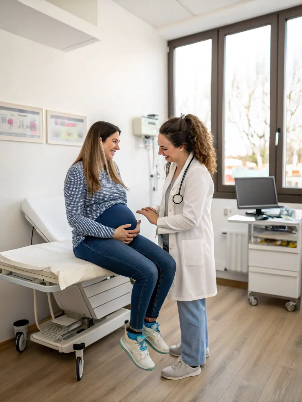 A pregnant woman smiling during a prenatal checkup, emphasizing the maternity coverage included in Caring Health Solutions plans.