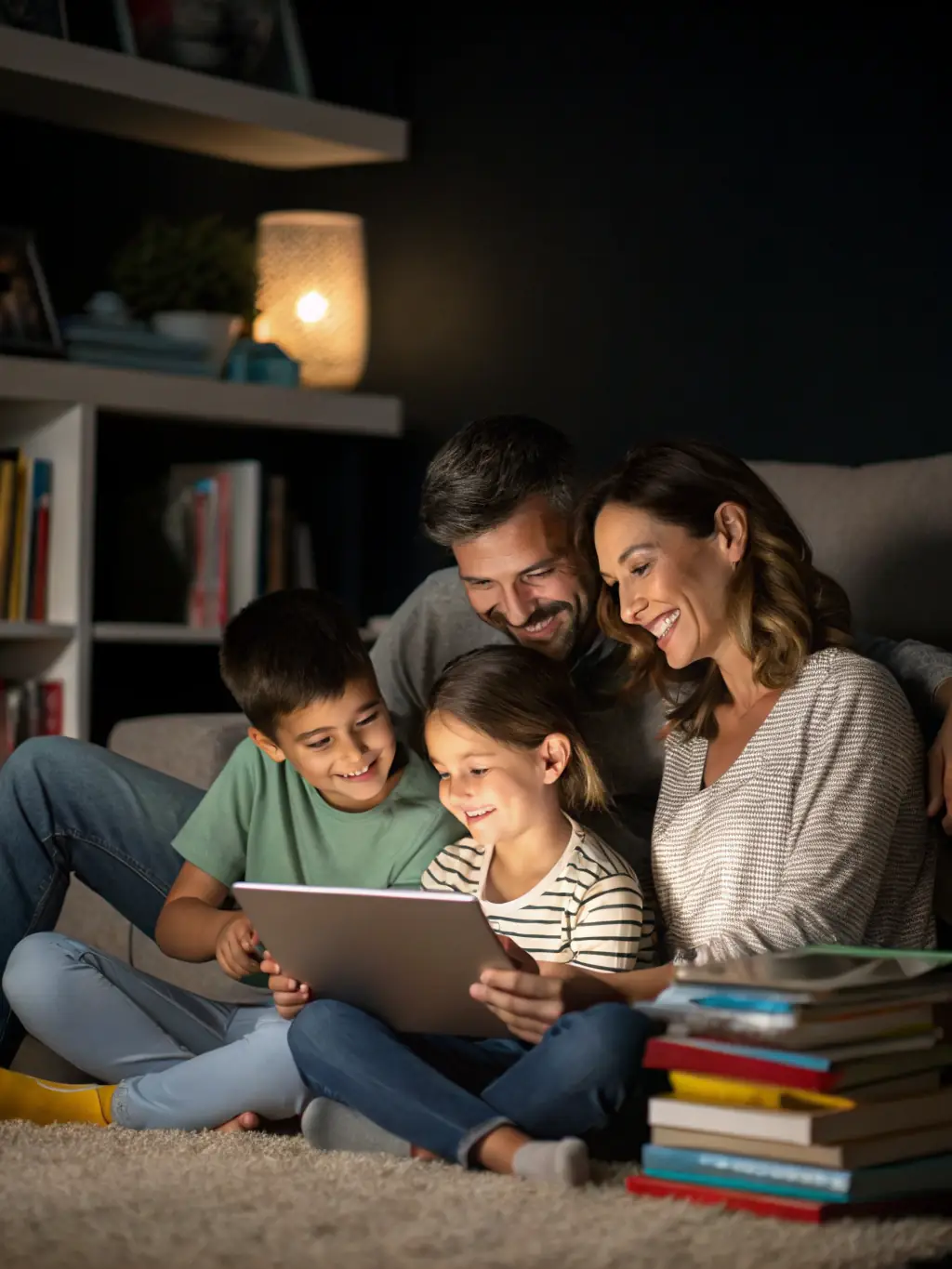 A smiling family using telemedicine on a tablet, showcasing the convenience of $0 telemedicine visits offered by Caring Health Solutions.