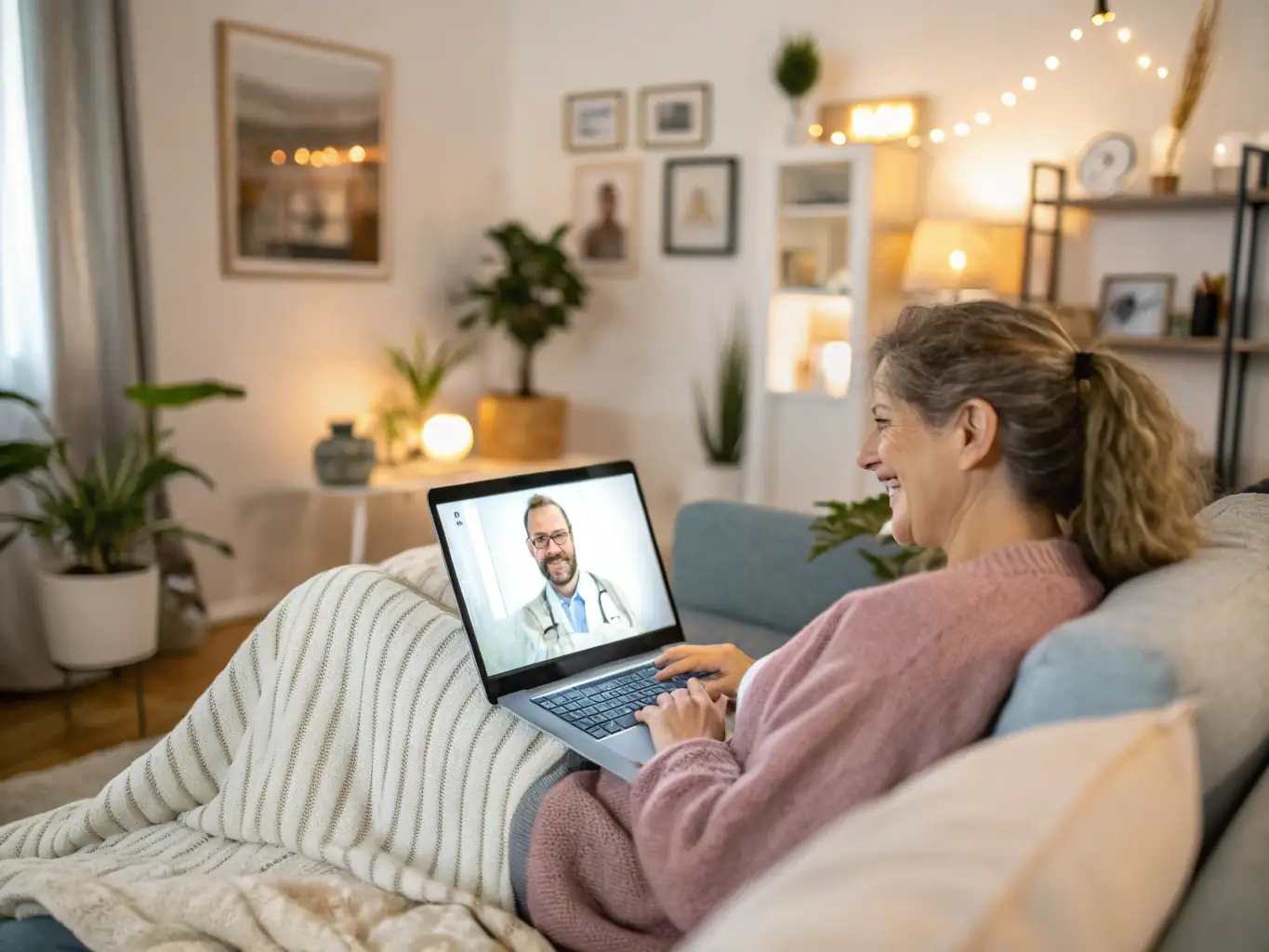 A doctor using telemedicine to consult with a patient on a laptop. The setting is a comfortable home environment, emphasizing convenience.