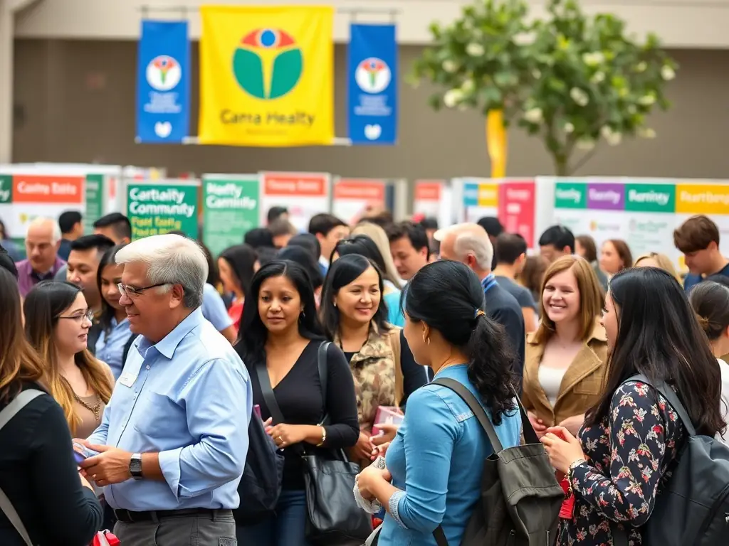 A diverse group of people participating in a health and wellness event, such as a yoga class or a health fair. The image promotes preventative care and a healthy lifestyle.