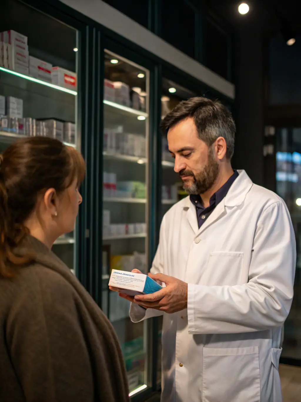A pharmacist handing a prescription to a patient, highlighting the prescription drug coverage included in Caring Health Solutions plans.