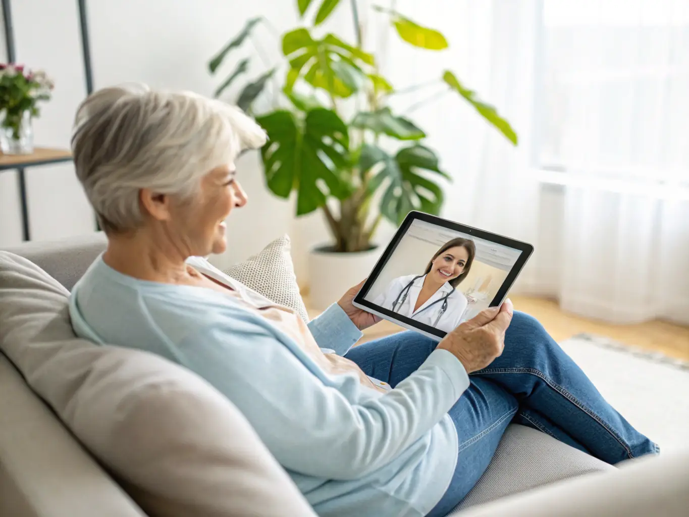 A person using a tablet for a telemedicine appointment, highlighting the convenience and accessibility of virtual healthcare.